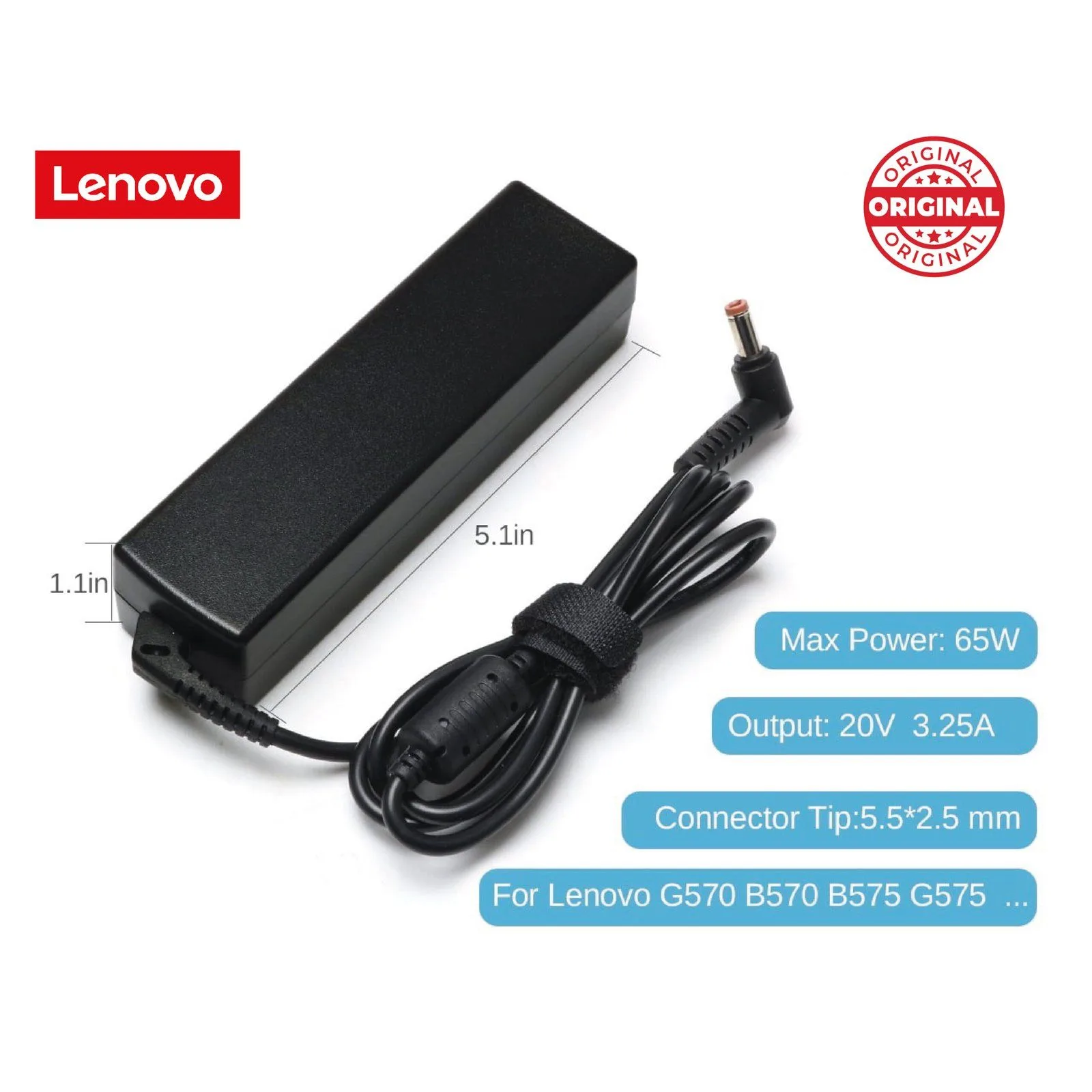 شاحن لابتوب Lenovo أصلي قدرة 65 واط 20 فولت - 3.25 أمبير