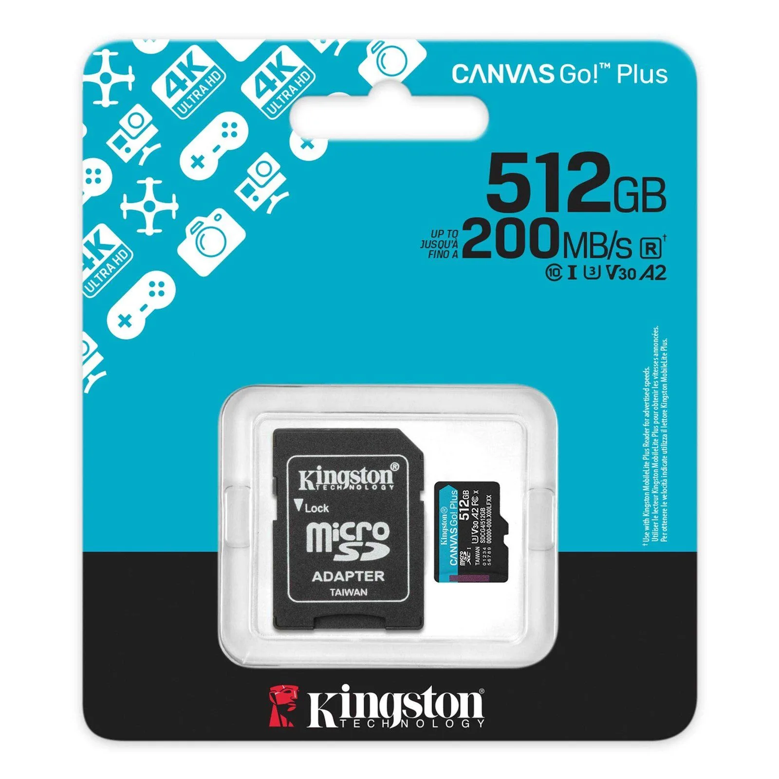 Kingston 512GB Memory Card MicroSDXC Canvas Go! Plus 200MB/s Class 10, UHS-I, U3, V30, A2 + Adaptor